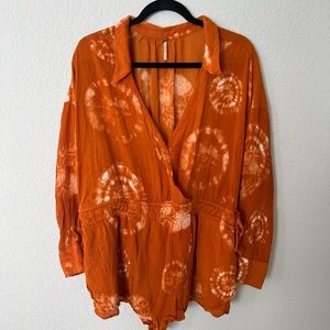 Free People Sienna Orange/White Tie Dye Romper with Waist Adjustment Size Large